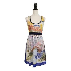 Landscape Watercolor 100% Silk A-Line Dress Size 4 Dopamine Maximalism Artsy